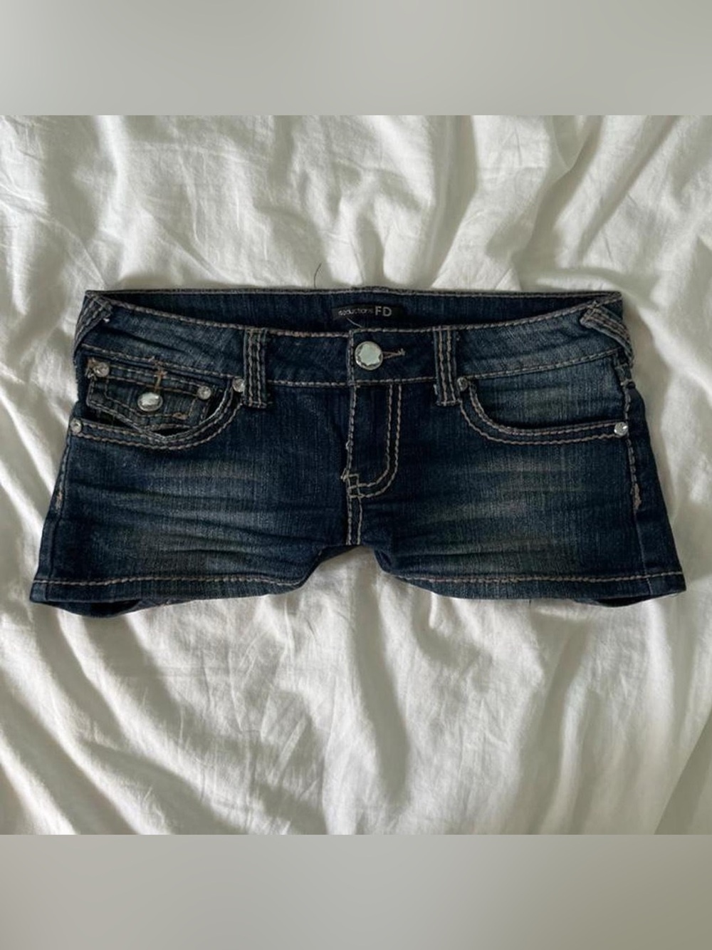 Y2K 2000s mcbling True Religion inspired low rise denim shorts with white stitch